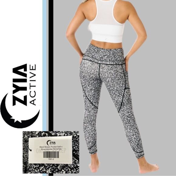 Zyia Women’s Black Mosaic Pocket Soft n Snug Mid-Rise 7/8 24” Leggings - Size 2 - Picture 2 of 2